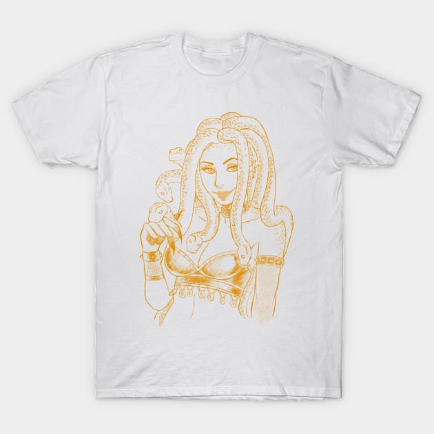 Smiling Medusa Orange Design T-Shirt by sketchbooksage